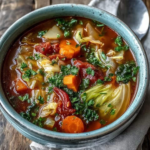 A steaming bowl of homemade Cabbage Soup brimming with tender vegetables, served hot with a lemon wedge and fresh parsley garnish.