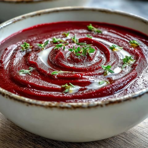 Close-up of rich roasted beet soup topped with thyme and a dollop of cream. 