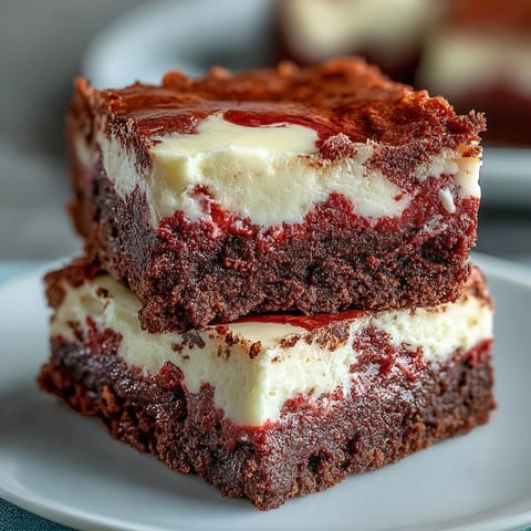 Decadent Red Velvet Cheesecake Brownies with rich fudge layers and creamy vanilla frosting toppings.
