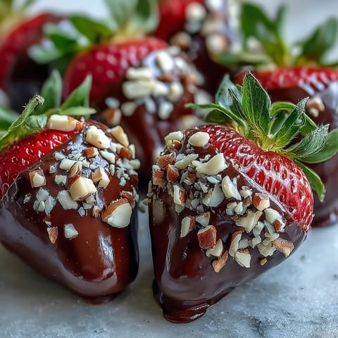 Handheld chocolate covered strawberries topped with chopped nuts, displayed on a white plate for a party.