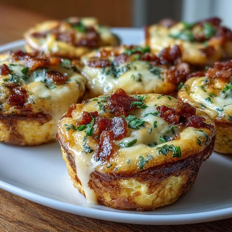 A close-up of savory Breakfast Egg Muffins featuring fluffy eggs, crispy bacon bits, and colorful peppers.