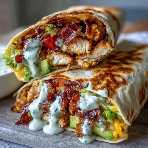 Crispy Chicken Bacon Wrap held in hand with golden toasted tortilla, shredded lettuce, and creamy tangy sauce dripping slightly.
