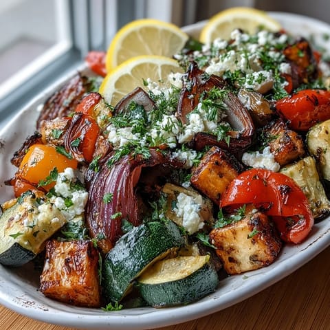 Golden, caramelized roasted Mediterranean Greek vegetables served warm from the oven with juicy cherry tomatoes and lemon.