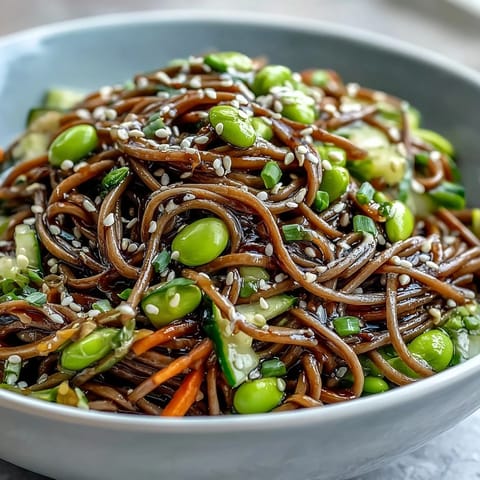 Colorful soba noodle bowl, topped with edamame and sesame seeds.