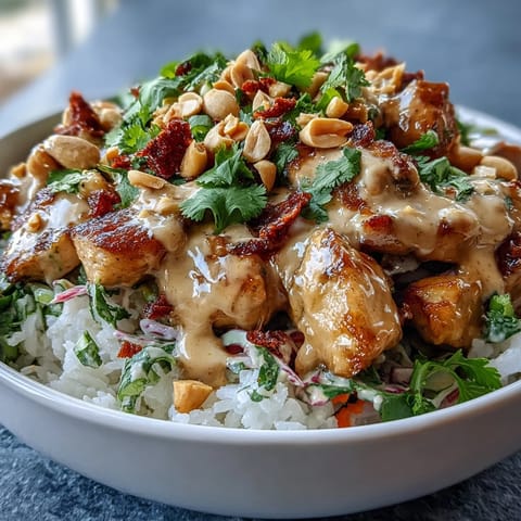 A vibrant Peanut Chicken Protein Bowl with coconut rice, sautéed chicken, crisp red cabbage, carrots, and fresh cilantro drizzled with creamy peanut sauce.