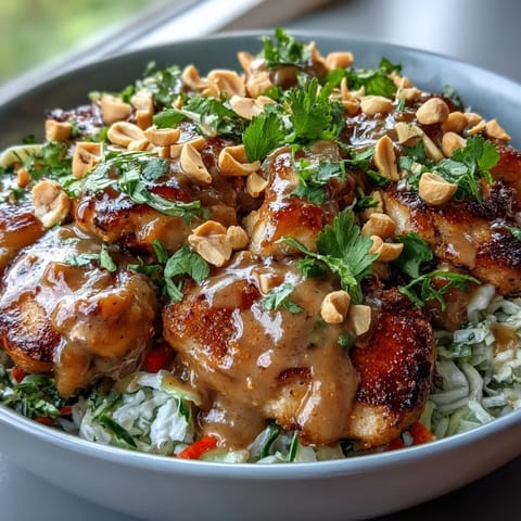 Fork-ready Peanut Chicken Protein Bowl showcasing juicy chicken, crunchy vegetables, and a glossy Thai-inspired peanut drizzle over fragrant coconut rice.