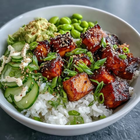 Golden-baked salmon cubes glisten on fluffy jasmine rice with fresh edamame, cucumber, and creamy avocado slices in this vibrant Salmon Rice Bowl.  