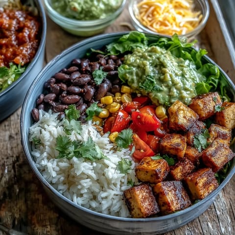 Colorful Meal Prep Burrito Bowl Base featuring golden tofu, corn, bell peppers, and fresh pico de gallo, ready for easy weeknight dinners.