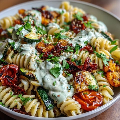Chickpea pasta bowl topped with colorful roasted vegetables and a creamy drizzle of tahini sauce.