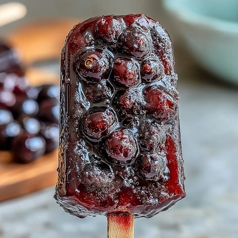 Homemade Black Currant Popsicles frozen on a wooden tray, showcasing their rich purple hue and frosty texture, ideal for a refreshing summer dessert.
