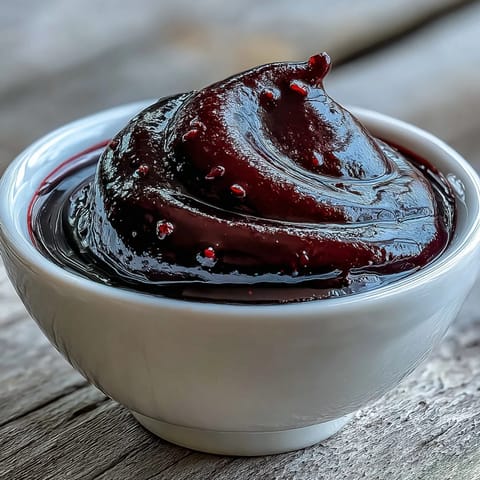 A glossy, syrupy Black Currant Reduction drizzled over roasted duck breast on a white plate.
