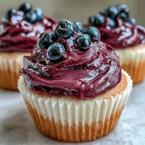 A swirl of black currant frosting is generously piped onto a vanilla cupcake, with fresh berries as garnish.