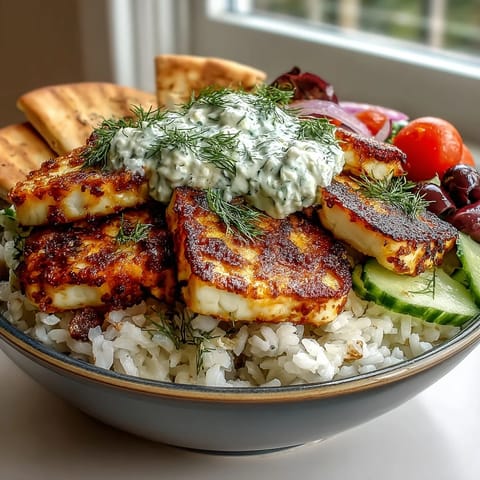 A vibrant Greek Halloumi Power Bowl featuring warm pita wedges, Kalamata olives, and red onion slices for dipping.
