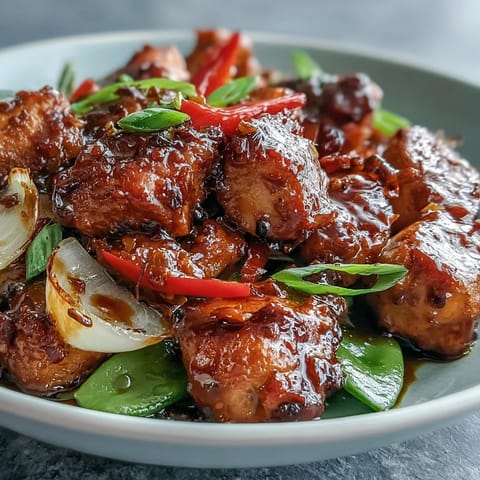 Spicy Sweet Chicken Diablo with tender chicken thighs and vibrant stir-fried vegetables coated in a sticky glaze.