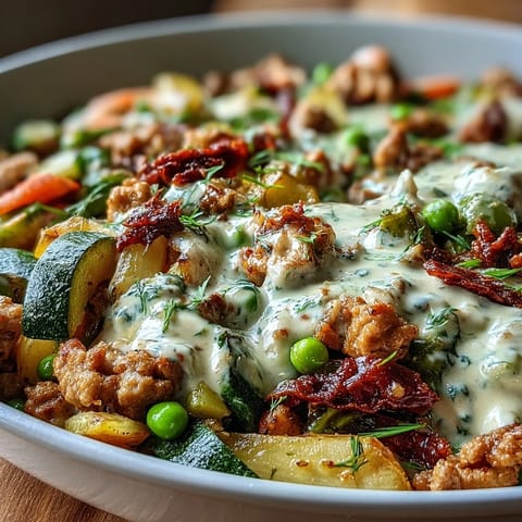 Served over pasta, this Creamy Ranch Turkey & Veggie Skillet garnished with fresh parsley looks perfect for family dinners.