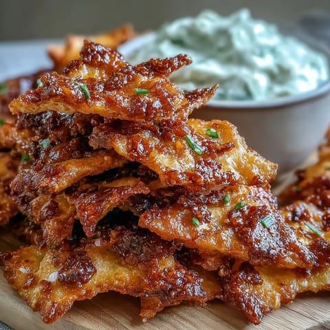 Freshly baked Spicy Chili Crisp Garlic Naan Chips and dip, garnished with scallions, showing a crunchy texture.