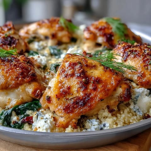 Fresh spinach and tender chicken thighs nestle inside a creamy couscous casserole, garnished with vibrant green herbs.