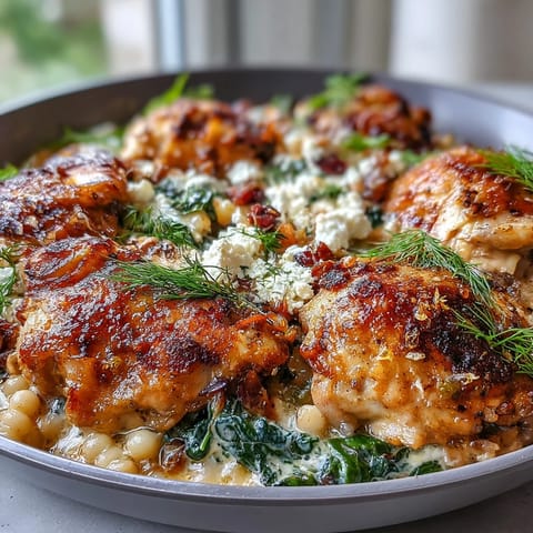 Golden-baked Creamy Greek Chicken & Pearl Couscous Bake with melted feta in a rustic skillet, served with lemon wedges and fresh dill.
