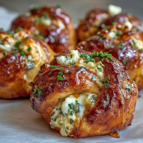 Close-up of Hot Honey Ricotta Stuffed Garlic Knots with melted butter and fresh parsley garnish. 