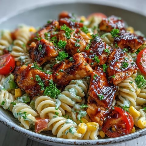A close-up of Honey BBQ Chicken Pasta Salad featuring rotini, corn, cherry tomatoes, and juicy chicken tossed in sauce.