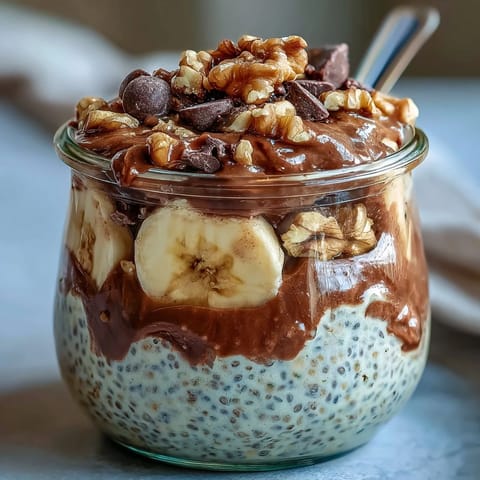 Clear glass jars display layered Chunky Monkey Overnight Chia Pudding with banana slices, chocolate chips, and walnuts.
