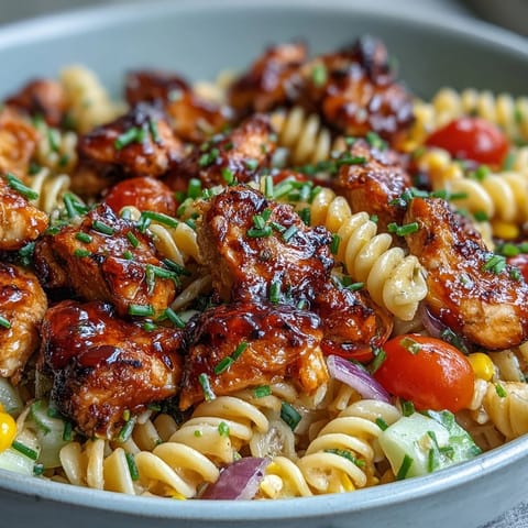 Tender honey-BBQ chicken, corn, and cherry tomatoes mix with pasta and a creamy dressing in this chilled, crowd-pleasing salad.