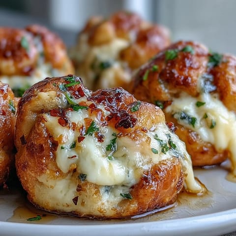 Warm Hot Honey Ricotta Stuffed Garlic Knots on a rustic plate, brushed with melted garlic butter. 
