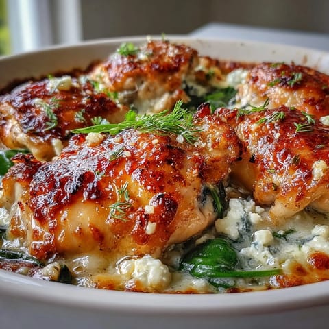Golden-brown baked chicken thighs rest on a bed of creamy lemon-pearl couscous, topped with melted feta and fresh herbs.