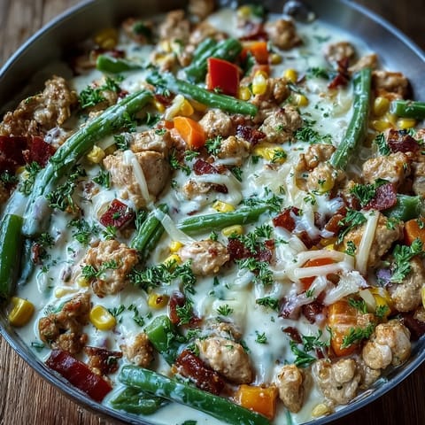 Golden-brown ground turkey simmering in a tangy ranch cream sauce with colorful mixed vegetables in a large skillet.