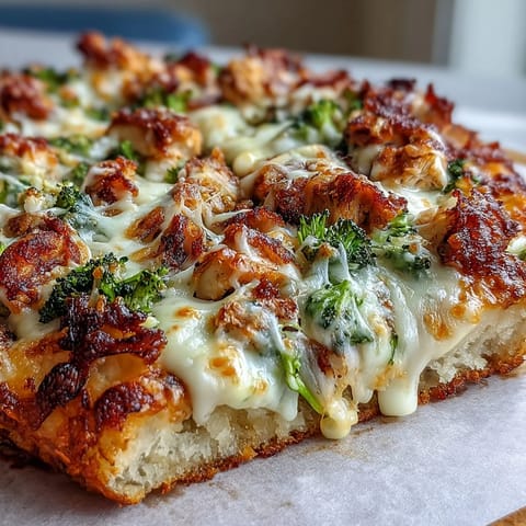 A slice of Garlic Parmesan Chicken & Broccoli Pizza is lifted, revealing creamy white sauce, tender chicken, and vibrant broccoli pieces.