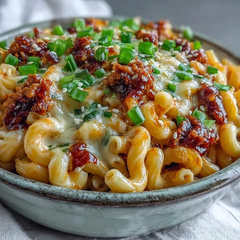 A close-up of Korean-Style Turkey Mac & Cheese featuring golden cheddar sauce, gochujang-spiced turkey, and a garnish of sliced green onions.