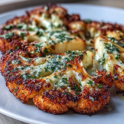 Thick-sliced Keto Garlic Parmesan Roasted Cauliflower Steaks roast on a baking sheet with garlic and Parmesan toppings for a low-carb meal.