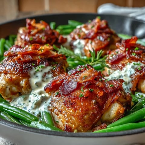 Golden-brown Keto Bacon Ranch Chicken Thighs with Green Beans bake alongside crispy bacon in a skillet, creating a savory low-carb dinner.