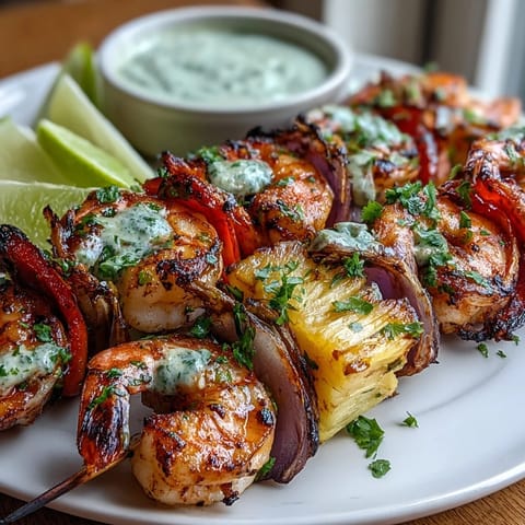 Perfectly grilled shrimp and pineapple skewers served with lime wedges and cilantro over fluffy coconut rice for a summery dinner.
