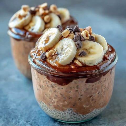 Glass jar filled with layers of Chunky Monkey Overnight Chia Pudding, showing thick chocolate chia base, banana slices, peanut butter drizzle, and chopped peanuts.