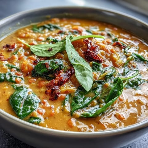 A vibrant bowl of creamy vegan coconut lentil dahl with tender spinach leaves and fresh lime wedges for a zesty finish.  