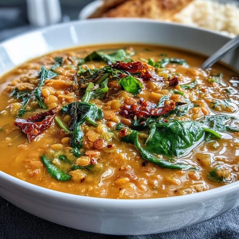 Rich and aromatic one-pot coconut lentil curry simmered with warming spices, hearty red lentils, and bright lime for a nourishing vegan meal.  