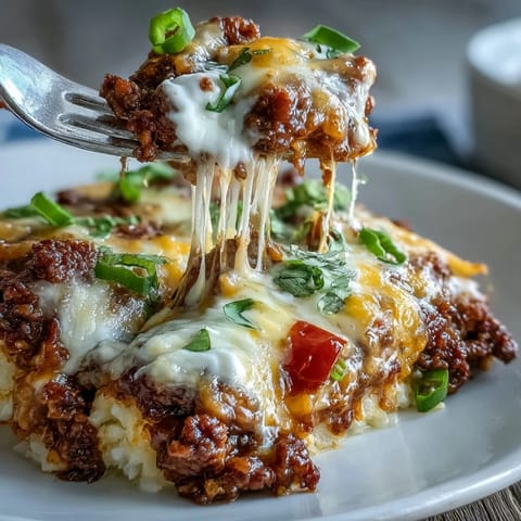 Keto taco casserole with cheesy topping and cauliflower rice in a golden-baked dish, garnished with green onions and cilantro for a low-carb Tex-Mex dinner.