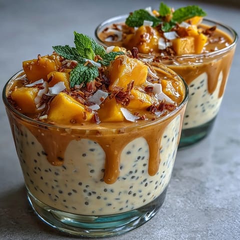 Vibrant layers of mango and chia pudding topped with coconut cream, capturing the essence of Southeast Asian mango sago in a plant-based treat.