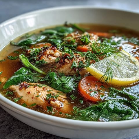 Bright bowl of One-Pot Chicken and Veggie Detox Soup with lemon, herbs, and fresh vegetables in clear broth.  