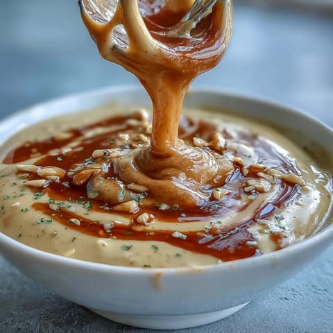 Rich and smooth tahini dressing with hints of cumin and maple syrup, served in a rustic bowl alongside roasted vegetables.  