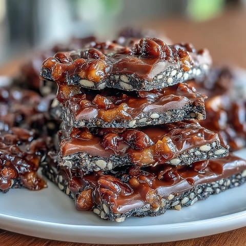 Fragrant black sesame brittle features caramelized sugar and butter, offering a unique Asian-inspired candy crunch.  