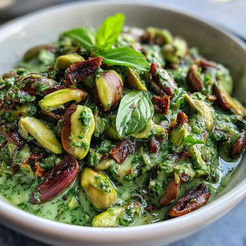 A bowl of vibrant green pistachio pesto, rich and aromatic, perfect for tossing with pasta or spreading on crostini.  