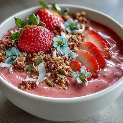 A vibrant strawberry smoothie bowl topped with crunchy granola, fresh berries, and coconut flakes, perfect for a festive Galentine's brunch.  