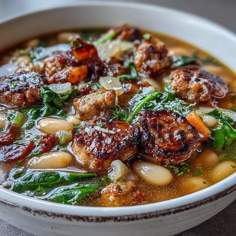 Creamy cannellini beans and spiced sausage simmered with zucchini, spinach, and tomatoes for a comforting, rustic meal.  