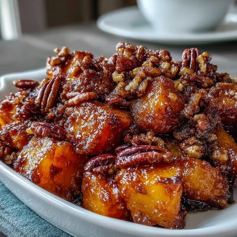 A golden casserole of candied yams topped with a buttery pecan streusel, perfect for holiday gatherings.  