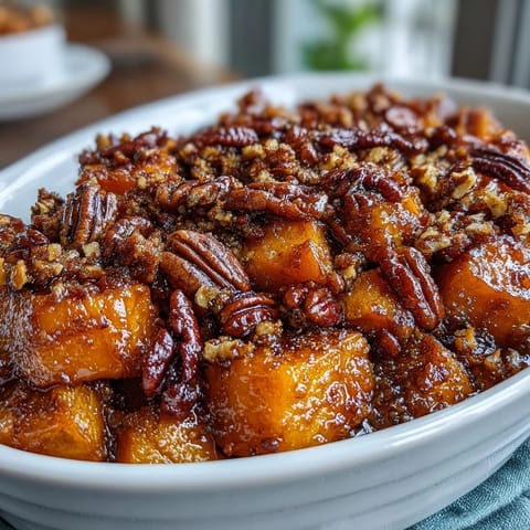 Rich, tender yams glazed in cinnamon-spiced syrup, crowned with crunchy pecan streusel for a festive side dish.  