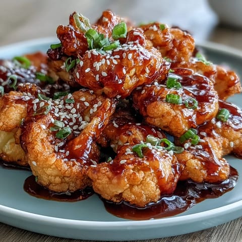 Golden brown battered cauliflower bites tossed in a sweet and spicy General Tso's glaze, served as a vegetarian appetizer.  