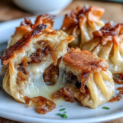 Golden caramelized French onion soup dumplings filled with melted Gruyère and crispy edges, served with savory broth drizzle.