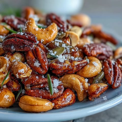 Crispy and addictive Salted Honey & Peanut Snack Mix, featuring crunchy nuts and seeds coated in a smoky-sweet honey glaze.  